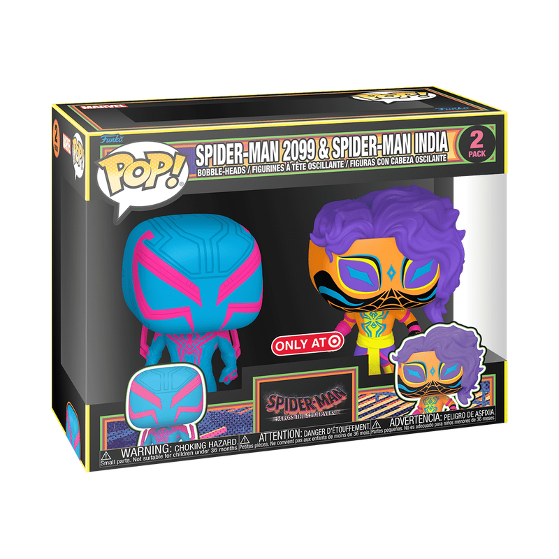 SPIDER-MAN 2099 & SPIDER-MAN INDIA (BLACK LIGHT) 2-PACK EXCLUSIVO GAMESTOP FUNKO POP!